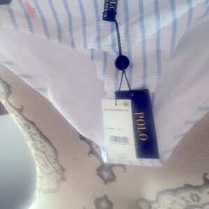 NWOT Ralph Lauren POLO Blue White Striped Pink Logo Bikini Bottoms Size Large